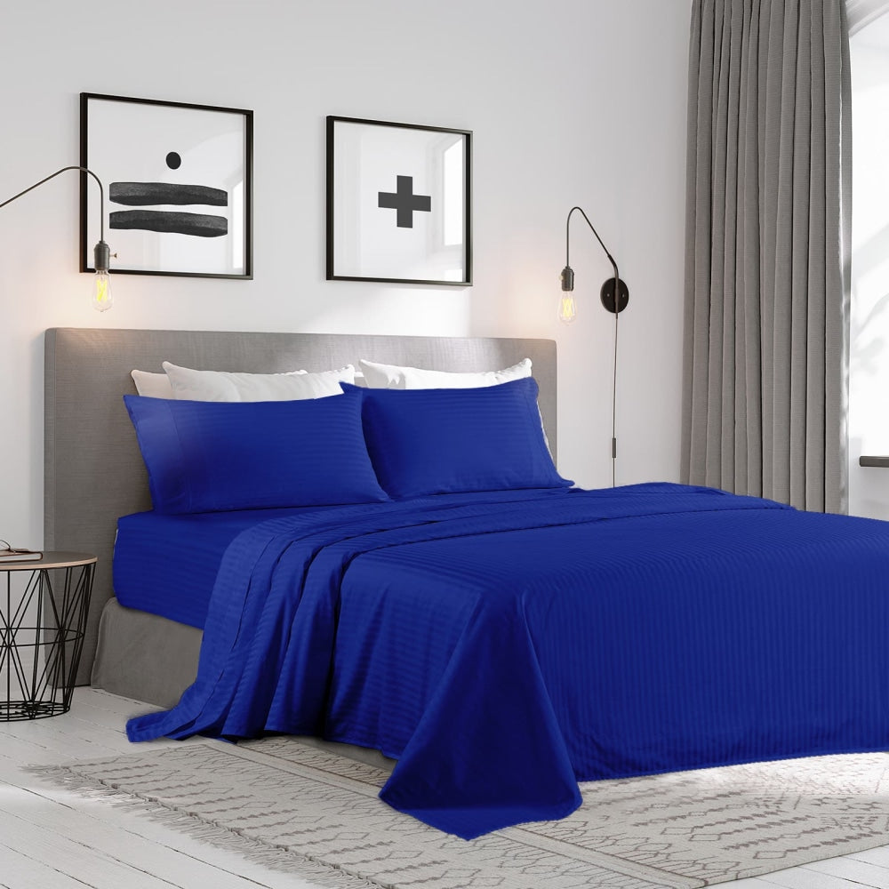 Royal Comfort Kensington 1200TC 100% Cotton Stripe Bed Sheet Set - Double Indigo Fast shipping On sale