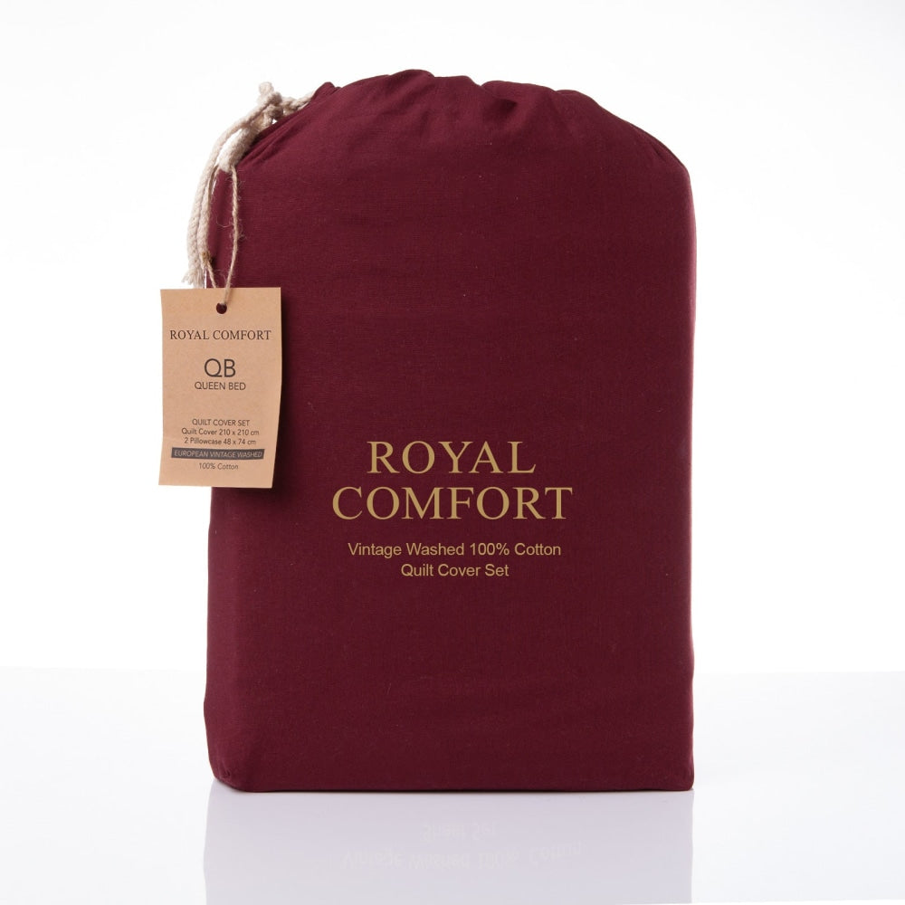 Royal Comfort Vintage Washed 100 % Cotton Quilt Cover Set King - Mulled Wine Fast shipping On sale
