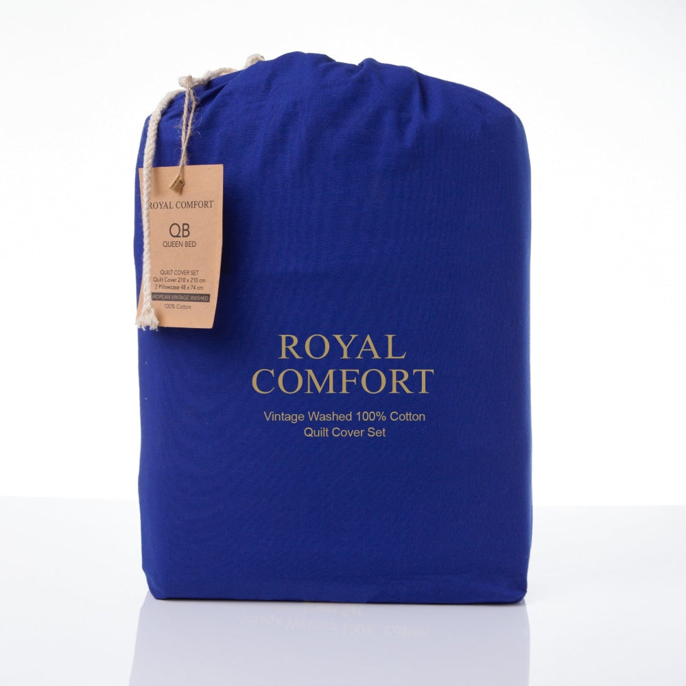 Royal Comfort Vintage Washed 100 % Cotton Quilt Cover Set Queen - Blue Fast shipping On sale