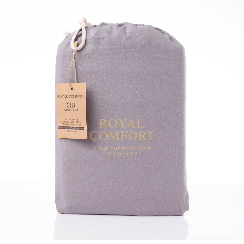 Royal Comfort Vintage Washed 100 % Cotton Quilt Cover Set Queen - Grey Fast shipping On sale