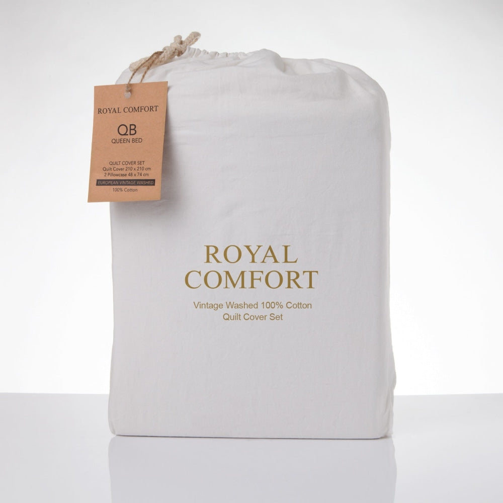 Royal Comfort Vintage Washed 100 % Cotton Quilt Cover Set Queen - White Fast shipping On sale