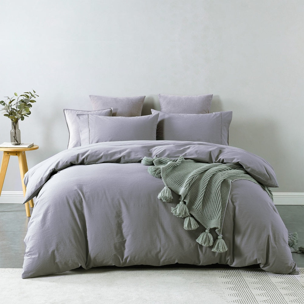 Royal Comfort Vintage Washed 100 % Cotton Quilt Cover Set Single - Grey Fast shipping On sale