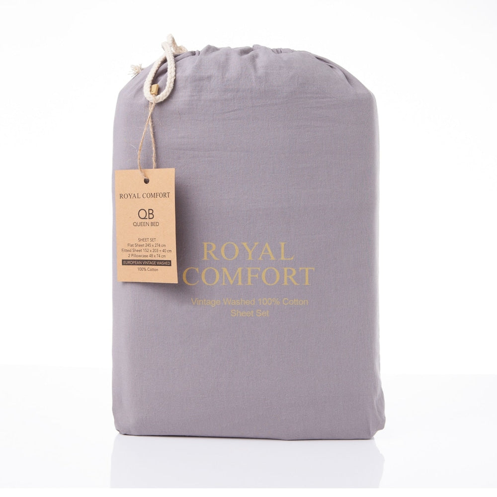 Royal Comfort Vintage Washed 100 % Cotton Sheet Set Double - Grey Bed Fast shipping On sale