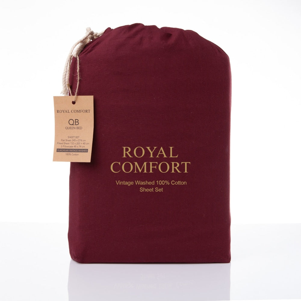 Royal Comfort Vintage Washed 100% Cotton Sheet Set King- Mulled Wine Bed Fast shipping On sale