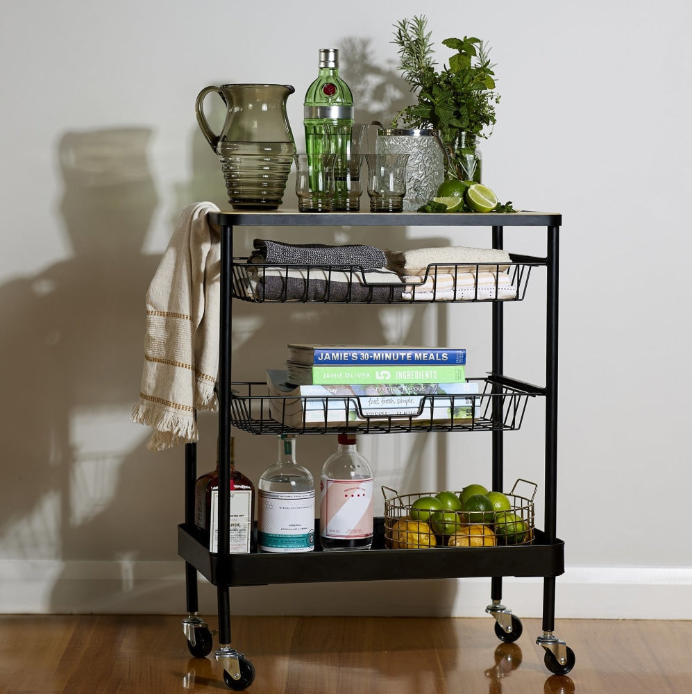 Sanna 3 - Tier Kitchen Trolley Storage W/ Timber Bench Top - Black & Natural Fast shipping On sale