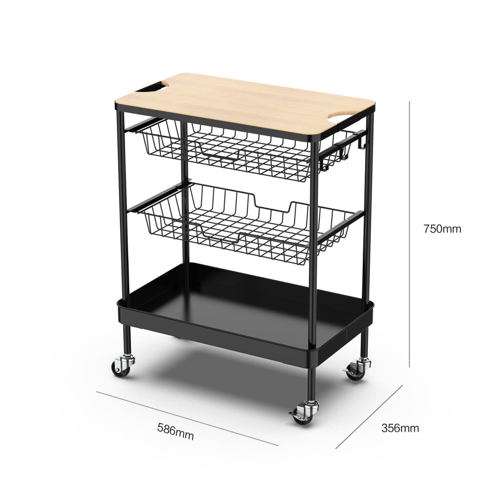 Sanna 3 - Tier Kitchen Trolley Storage W/ Timber Bench Top - Black & Natural Fast shipping On sale