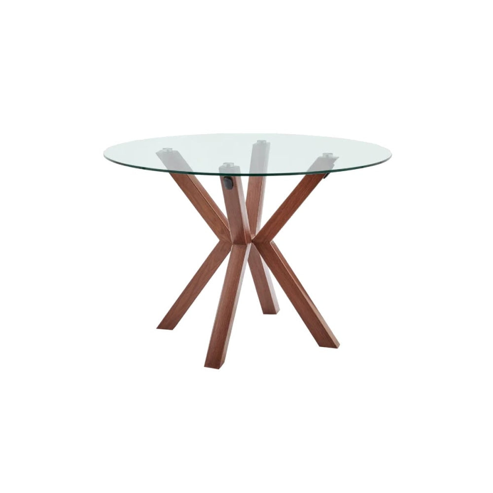 Santiago Round Glass Kitchen Dining Table 110cm W/ Wooden Legs - Walnut Fast shipping On sale