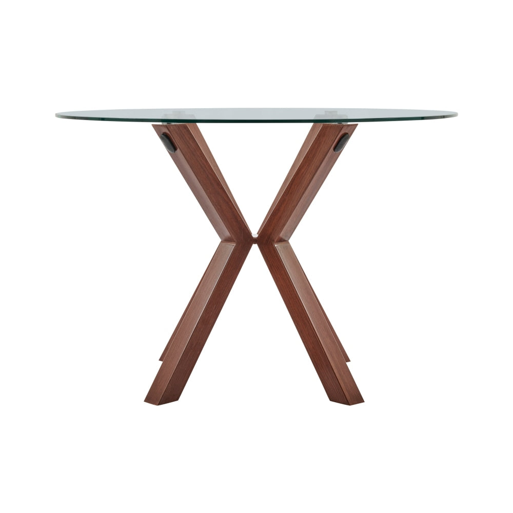 Santiago Round Glass Kitchen Dining Table 110cm W/ Wooden Legs - Walnut Fast shipping On sale