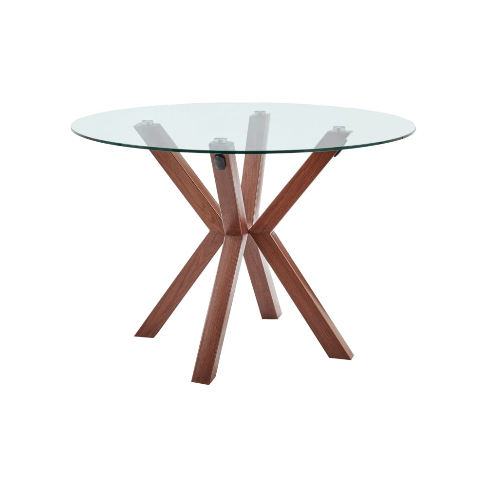 Santiago Round Glass Kitchen Dining Table 110cm W/ Wooden Legs - Walnut Fast shipping On sale