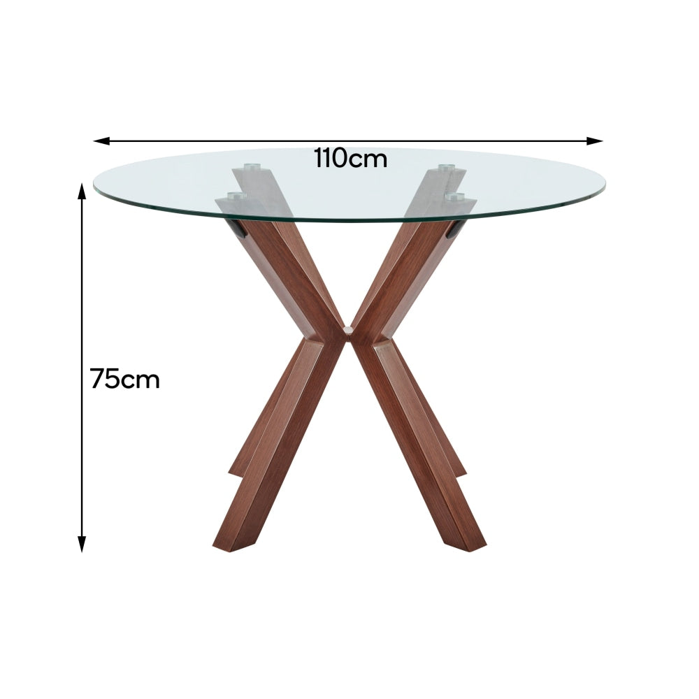 Santiago Round Glass Kitchen Dining Table 110cm W/ Wooden Legs - Walnut Fast shipping On sale