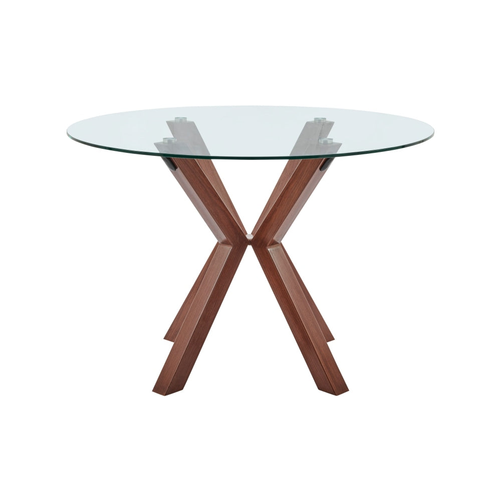 Santiago Round Glass Kitchen Dining Table 110cm W/ Wooden Legs - Walnut Fast shipping On sale