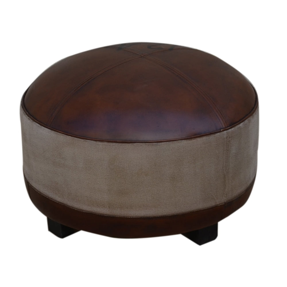 Sebastian Vintage Rustic Canvas Leather Round Foot Stool Ottoman Fast shipping On sale