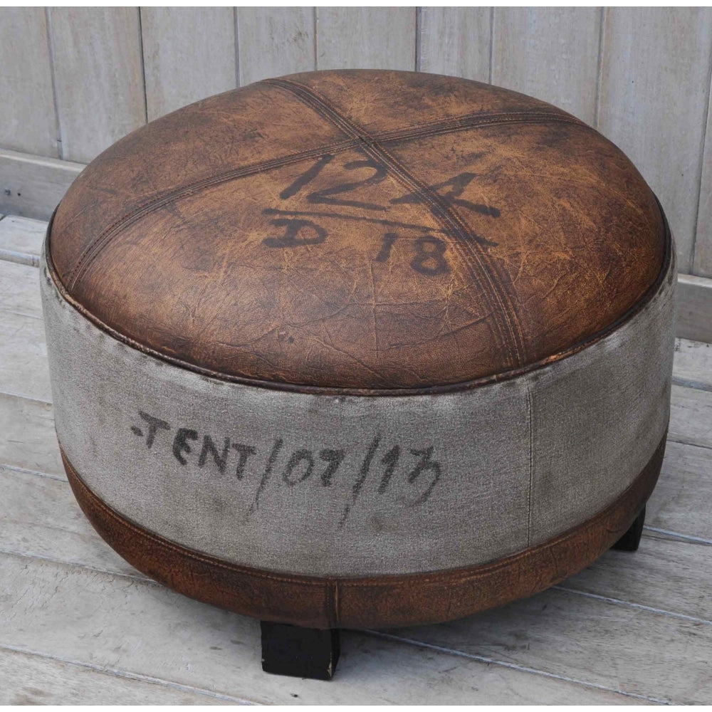 Sebastian Vintage Rustic Canvas Leather Round Foot Stool Ottoman Fast shipping On sale