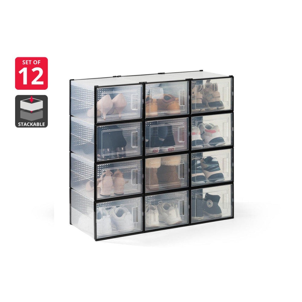 Set of 12 Click Shoe Storage Organisers Cabinet Box Large - Clear/Black / Fast shipping On sale