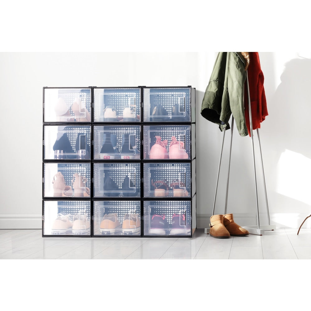 Set of 12 Click Shoe Storage Organisers Cabinet Box Medium - Clear/Black / Fast shipping On sale