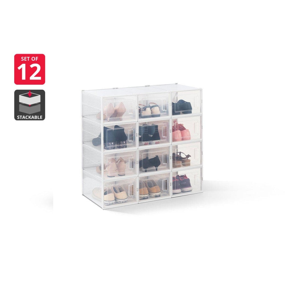 Set of 12 Click Shoe Storage Organisers Cabinet Box Medium - Clear/White Fast shipping On sale