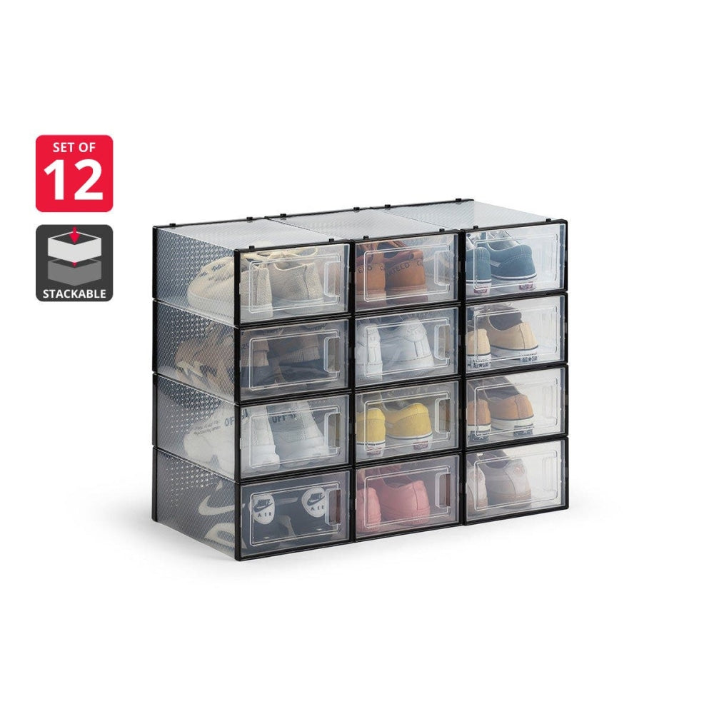 Set of 12 Click Shoe Storage Organisers Cabinet Box Small - Clear/Black / Fast shipping On sale