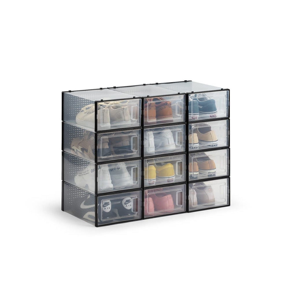 Set of 12 Click Shoe Storage Organisers Cabinet Box Small - Clear/Black / Fast shipping On sale