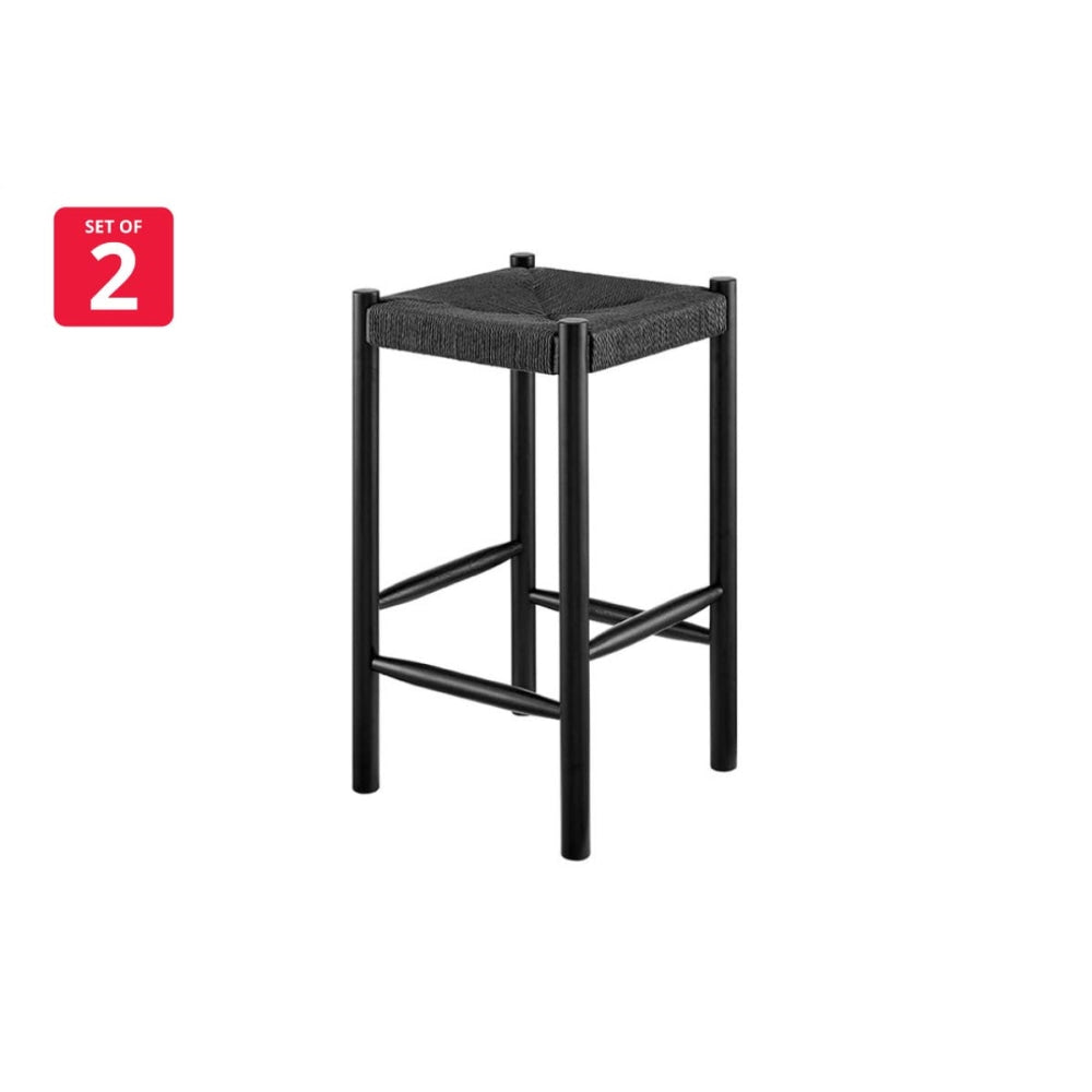 Set of 2 Amber Wooden Kitchen Counter Bar Stool Rattan Seat - Black Fast shipping On sale