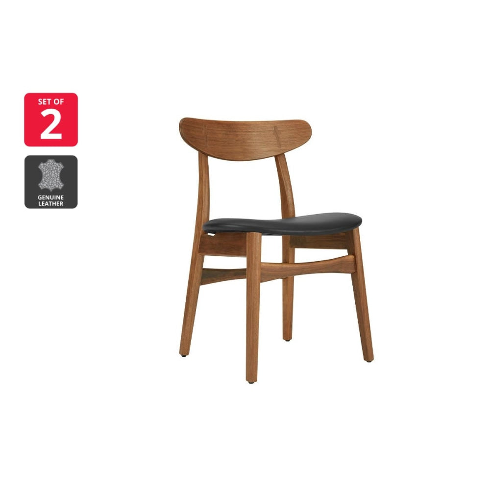 Set of 2 Asger Kitchen Dining Chairs - Walnut Frame/Black Leather Chair Fast shipping On sale