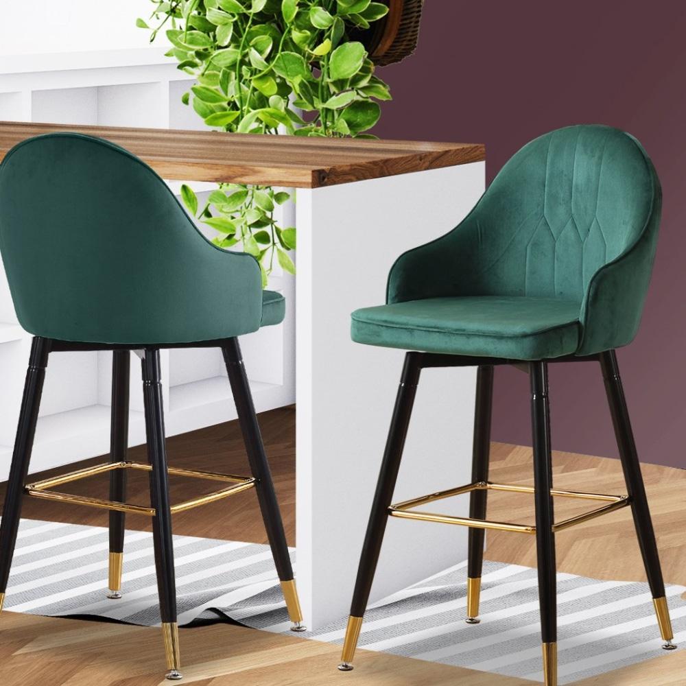Set of 2 Bar Stools Kitchen Chairs Swivel Velvet Barstools Vintage Green Stool Fast shipping On sale