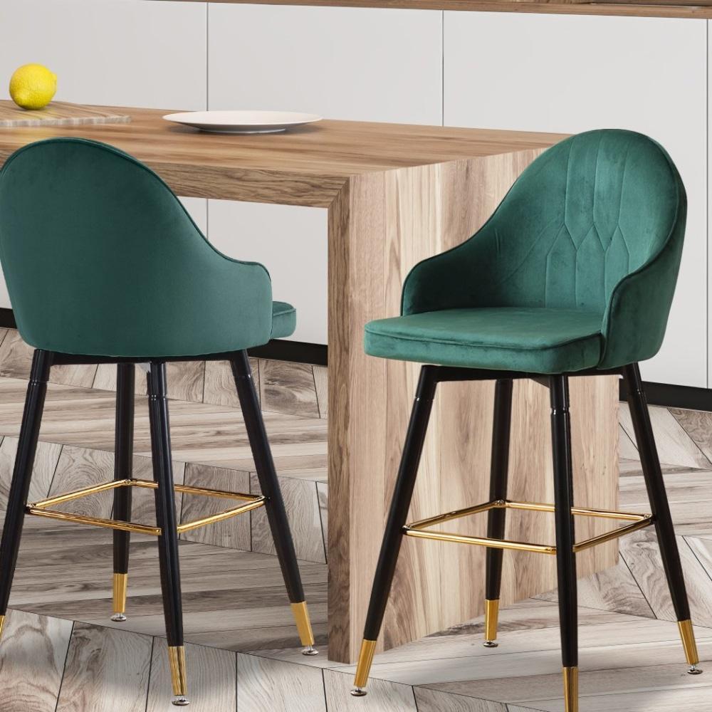 Set of 2 Bar Stools Kitchen Chairs Swivel Velvet Barstools Vintage Green Stool Fast shipping On sale