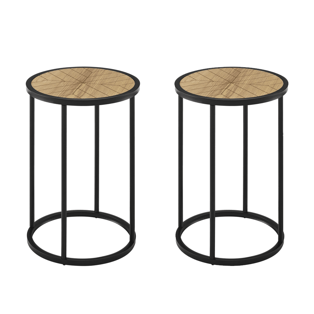 Set Of 2 Chevron Round Wood Top Metal Frame End Lamp Side Table - Black & Ash Veneer Fast shipping On sale
