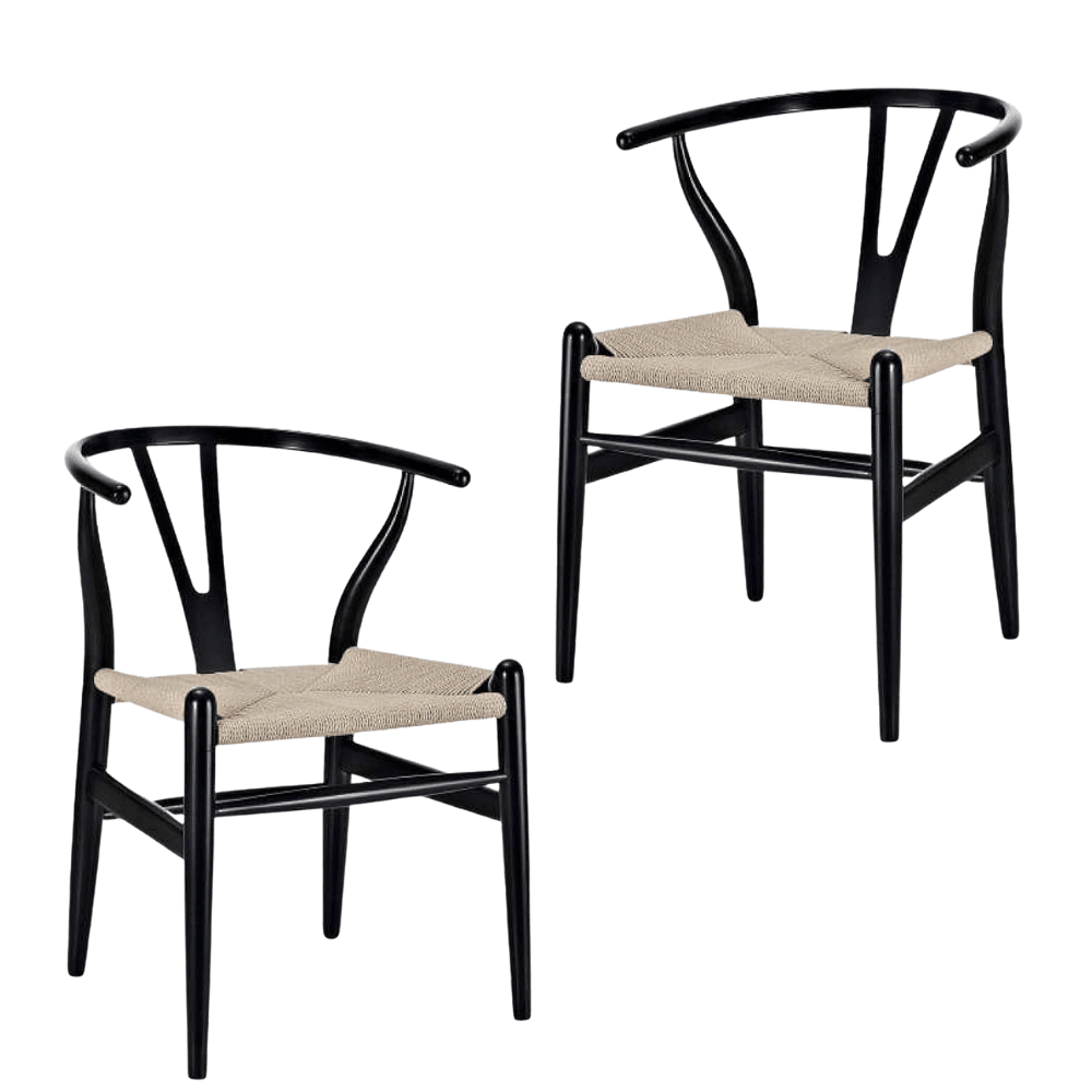 Set of 2 - Hans Wegner Replica Wishbone Cord Dining Chair - Natural Seat - Black Fast shipping On sale