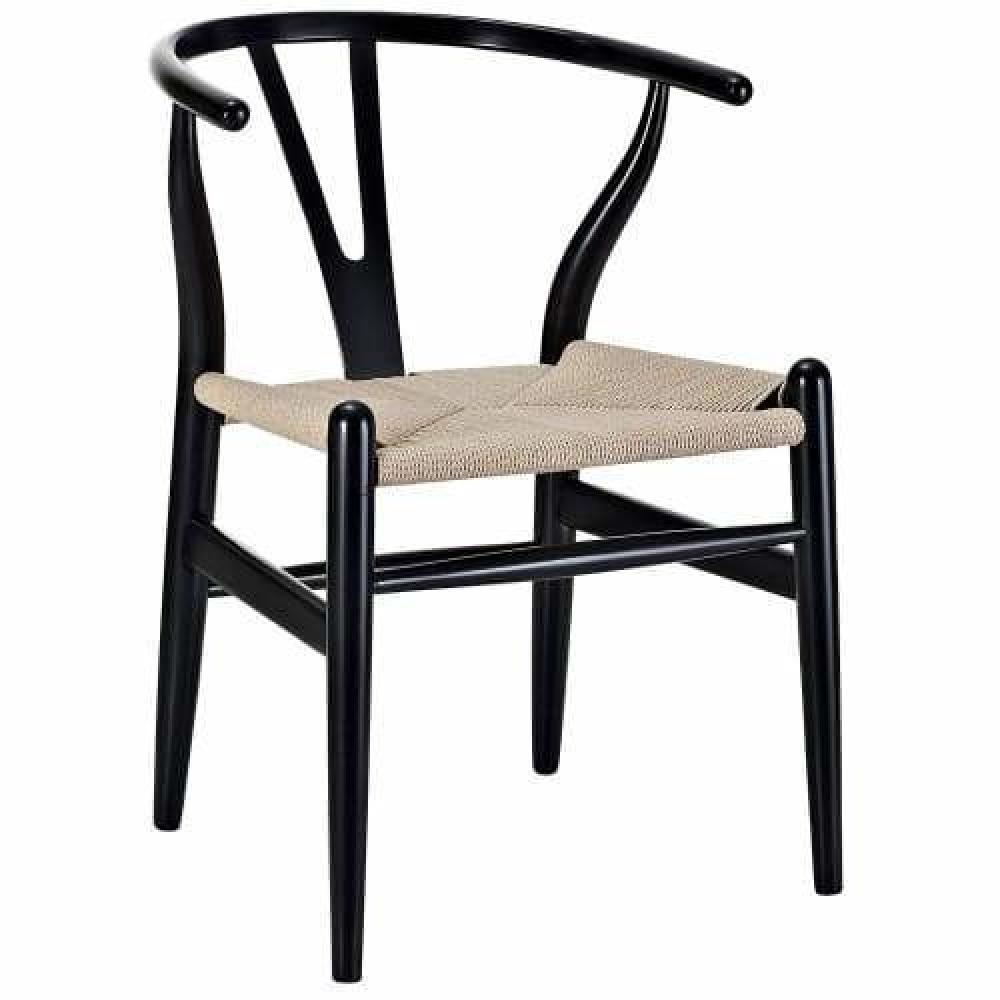 Set of 2 - Hans Wegner Replica Wishbone Cord Dining Chair - Natural Seat - Black Fast shipping On sale