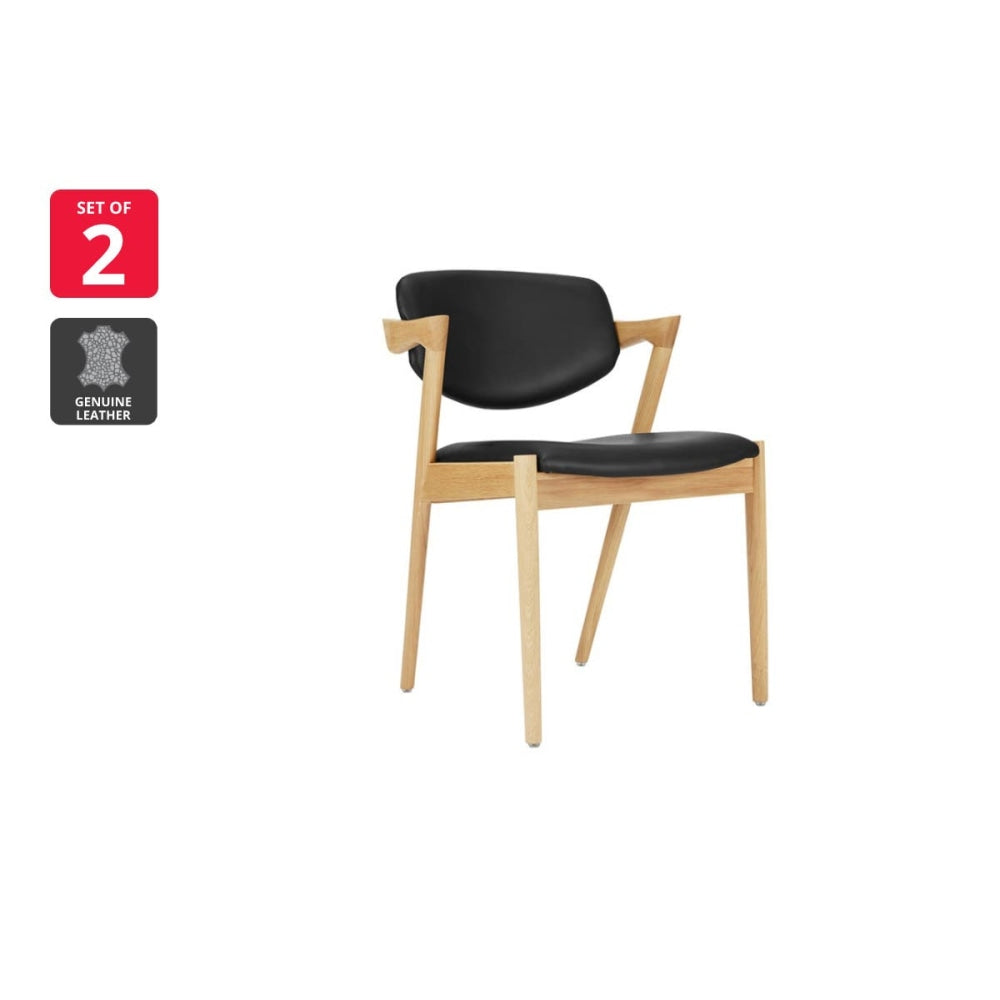 Set of 2 Kai Replica Kitchen Dining Chair Armchair - Oak Frame/Black Leather Fast shipping On sale