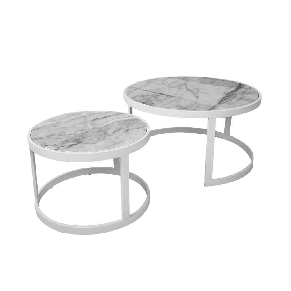 Set of 2 Leonardo Nesting Marble Round Coffee Table Metal Frame - White Fast shipping On sale