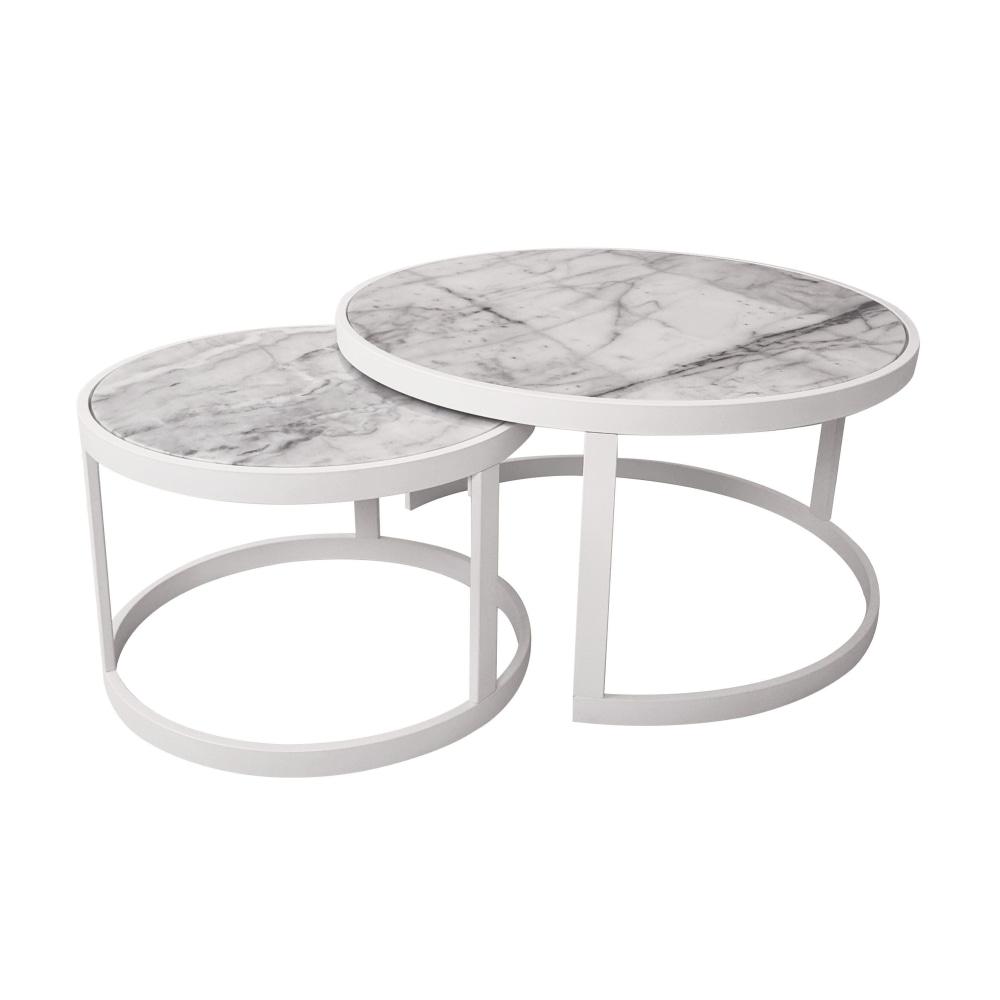 Set of 2 Leonardo Nesting Marble Round Coffee Table Metal Frame - White Fast shipping On sale