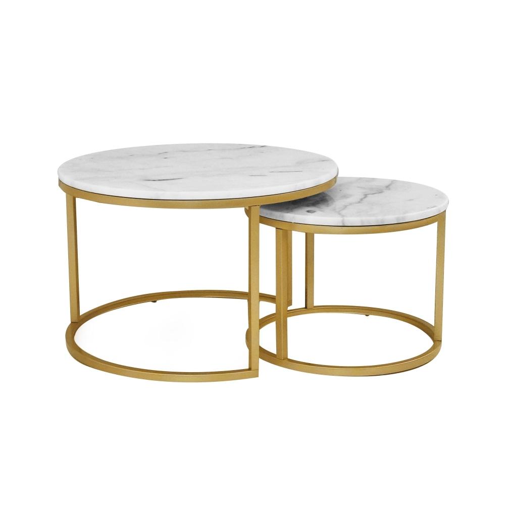 Set of 2 Miller Nesting Round Marble Coffee Table Gold Frame - White Fast shipping On sale