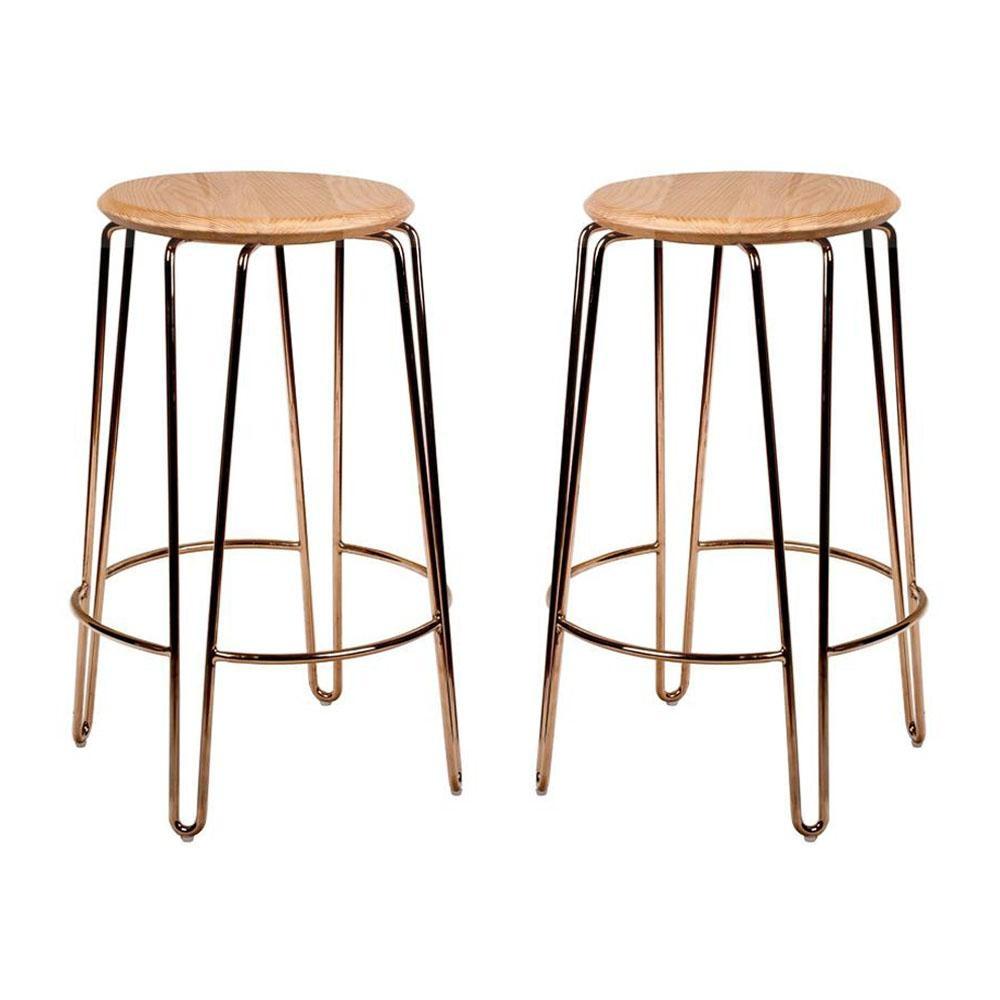 Set of 2 - Storo Bar Stool 65cm Rose Gold Frame Natural Timber Seat Fast shipping On sale