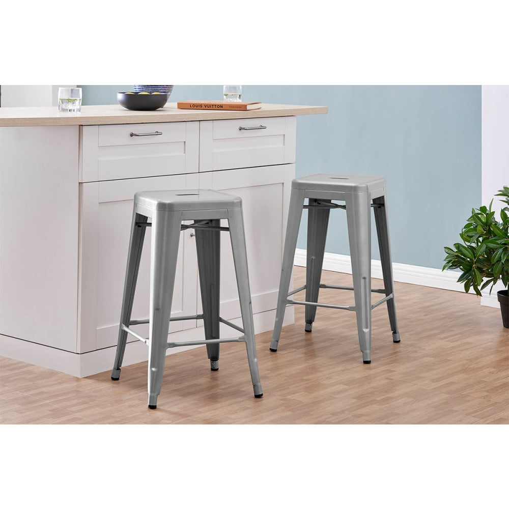 Set of 2 Xavier Pauchard Replica Tolix Kitchen Counter Bar Stools 65cm Powder Coated - Silver / Metal Stool Fast shipping On sale
