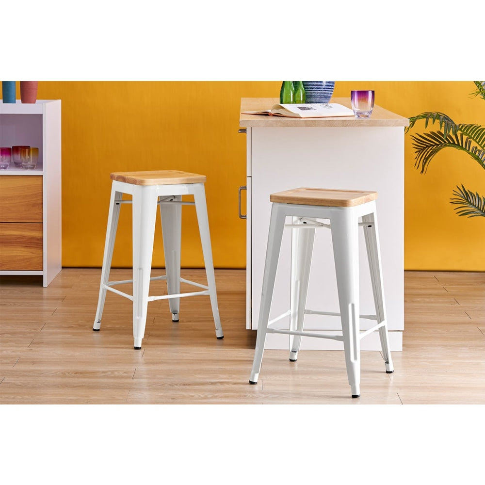 Set of 2 Xavier Pauchard Replica Tolix Kitchen Counter Bar Stools 65cm W/ Wood Seat - White / Stool Fast shipping On sale