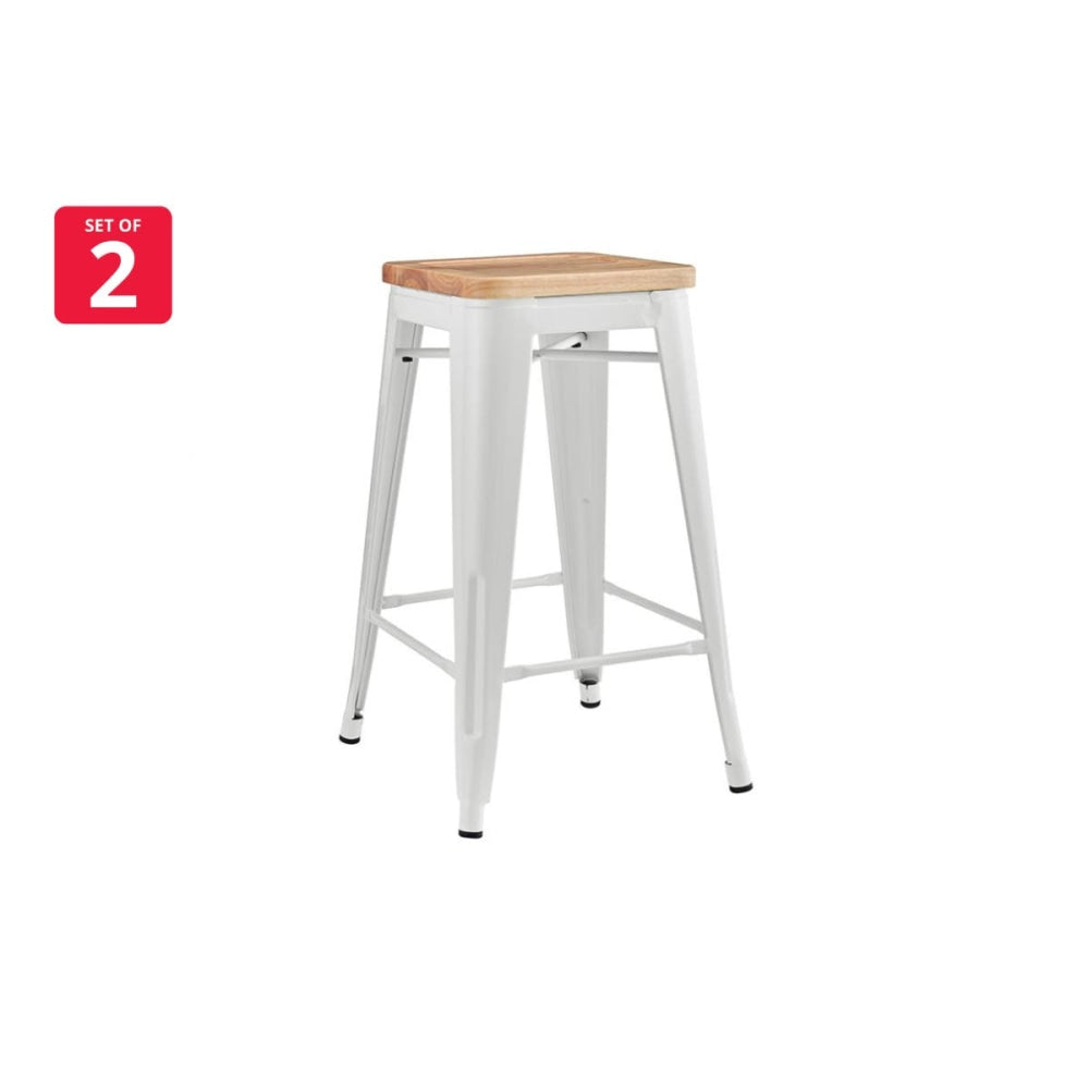 Set of 2 Xavier Pauchard Replica Tolix Kitchen Counter Bar Stools 65cm W/ Wood Seat - White / Stool Fast shipping On sale