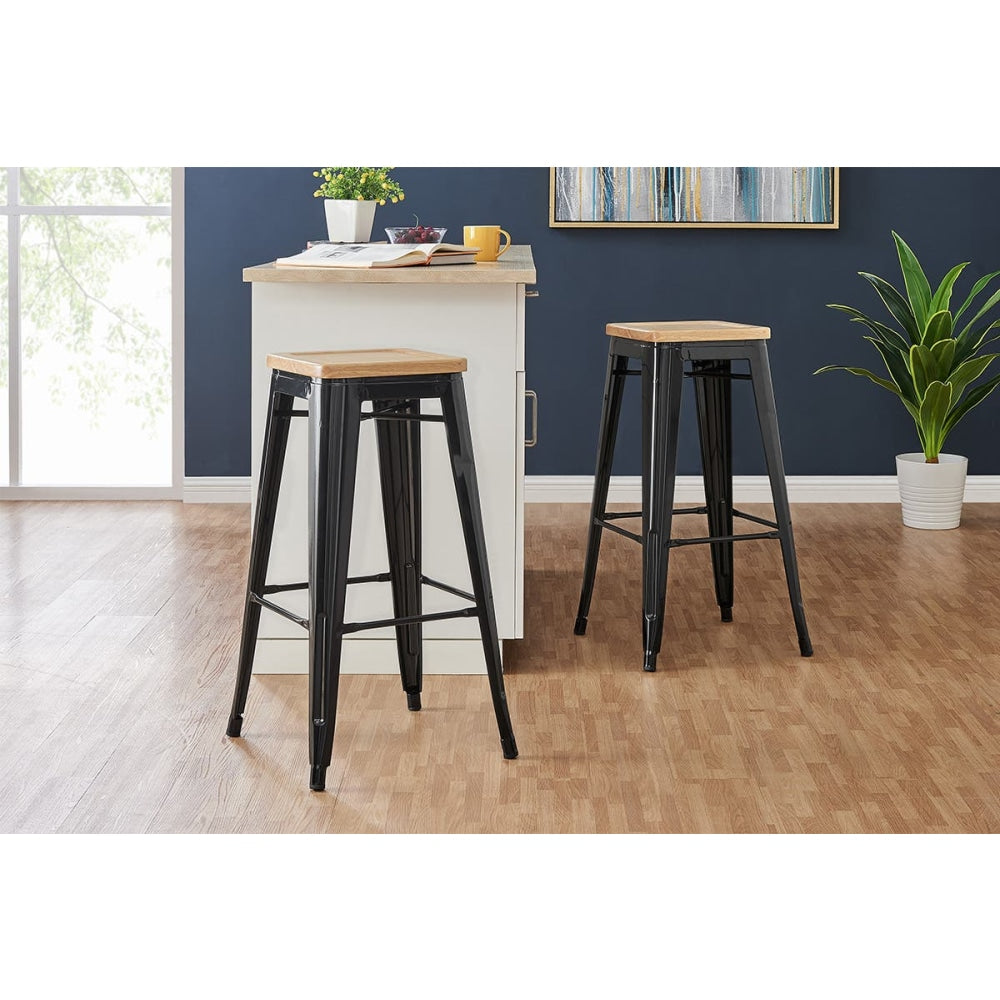 Set of 2 Xavier Pauchard Replica Tolix Kitchen Counter Bar Stools 75cm W/ Wood Seat - Black / Stool Fast shipping On sale