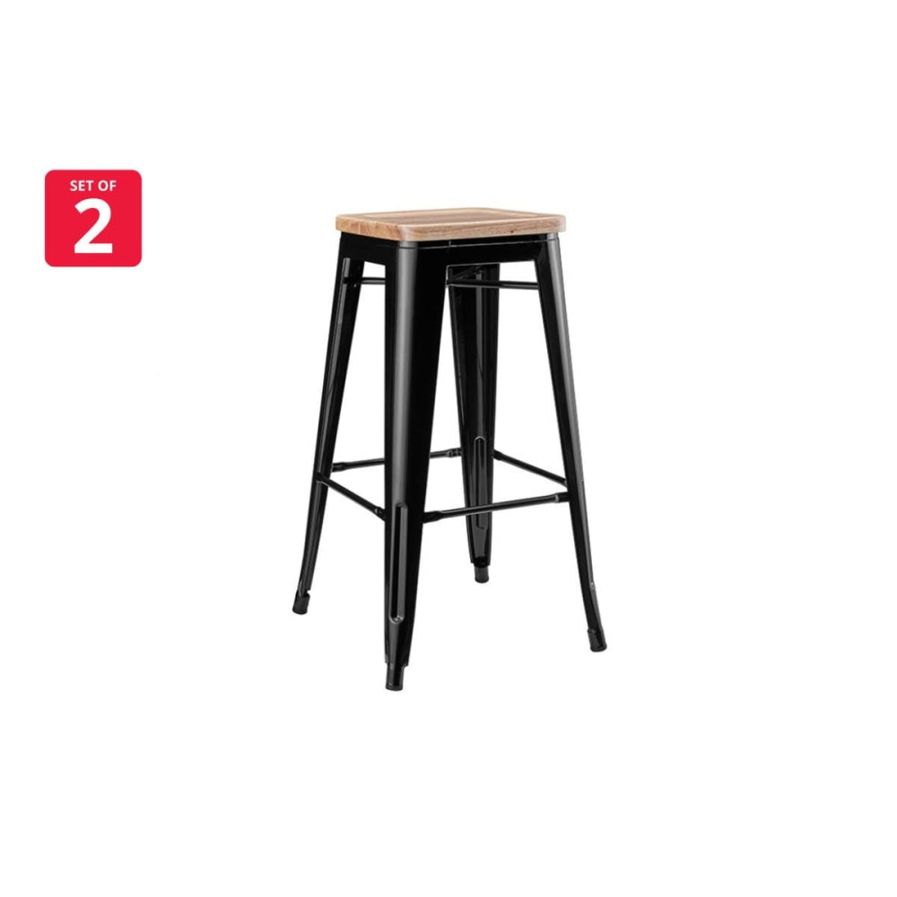 Set of 2 Xavier Pauchard Replica Tolix Kitchen Counter Bar Stools 75cm W/ Wood Seat - Black / Stool Fast shipping On sale