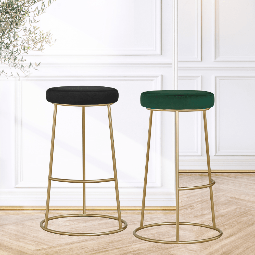 Set of 2 Xyla Velvet Kitchen Bar Stool - Gold Metal Frame - Black Fast shipping On sale