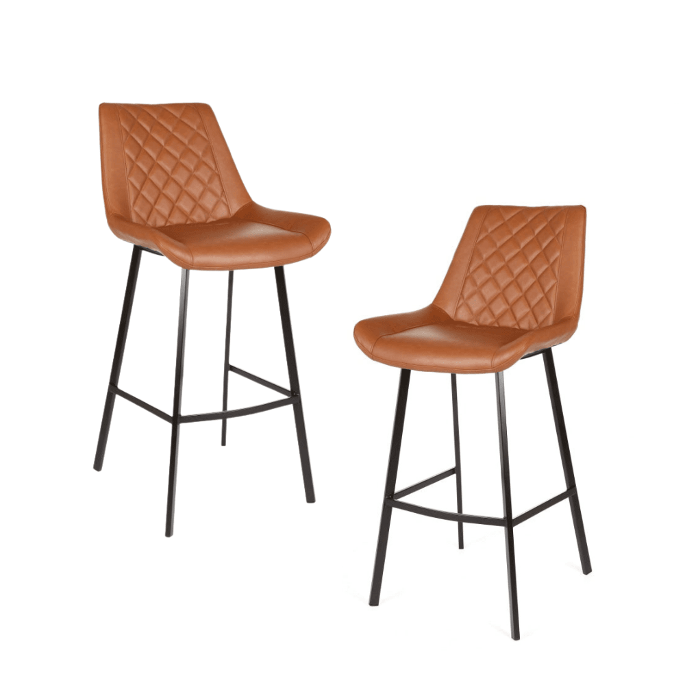 Set Of 2 Yura Eco Leather Kitchen Counter Bar Stool Black Metal Legs 66cm Antique Cognac Fast shipping On sale