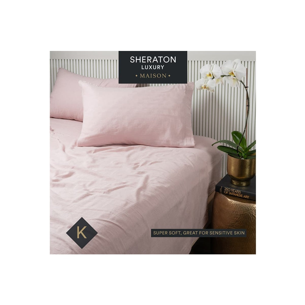 Sheraton Luxury Maison Linen Cotton Sheet Set - King Dusty Pink Bed Fast shipping On sale