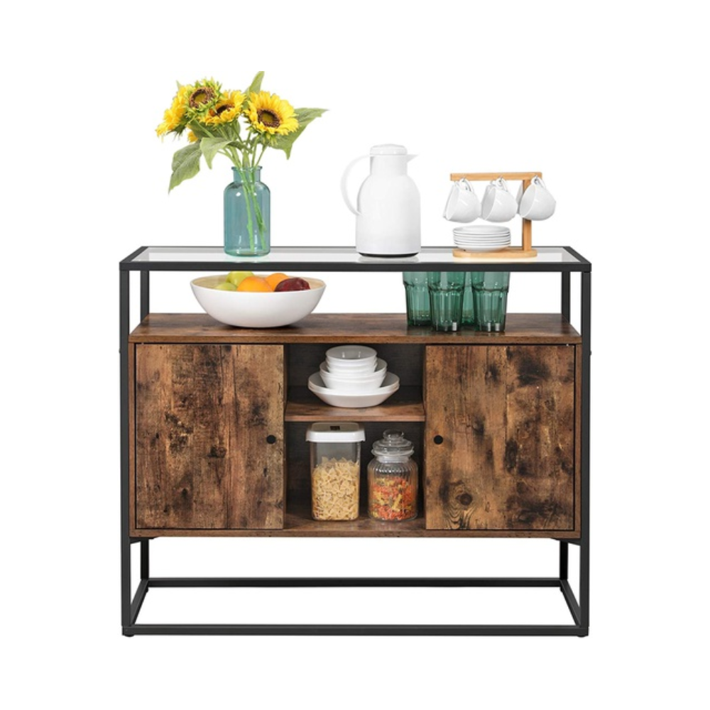 Vasagle Sideboard with Glass Surface and Open Compartments Buffet Unit Rustic Brown/Black & Fast shipping On sale