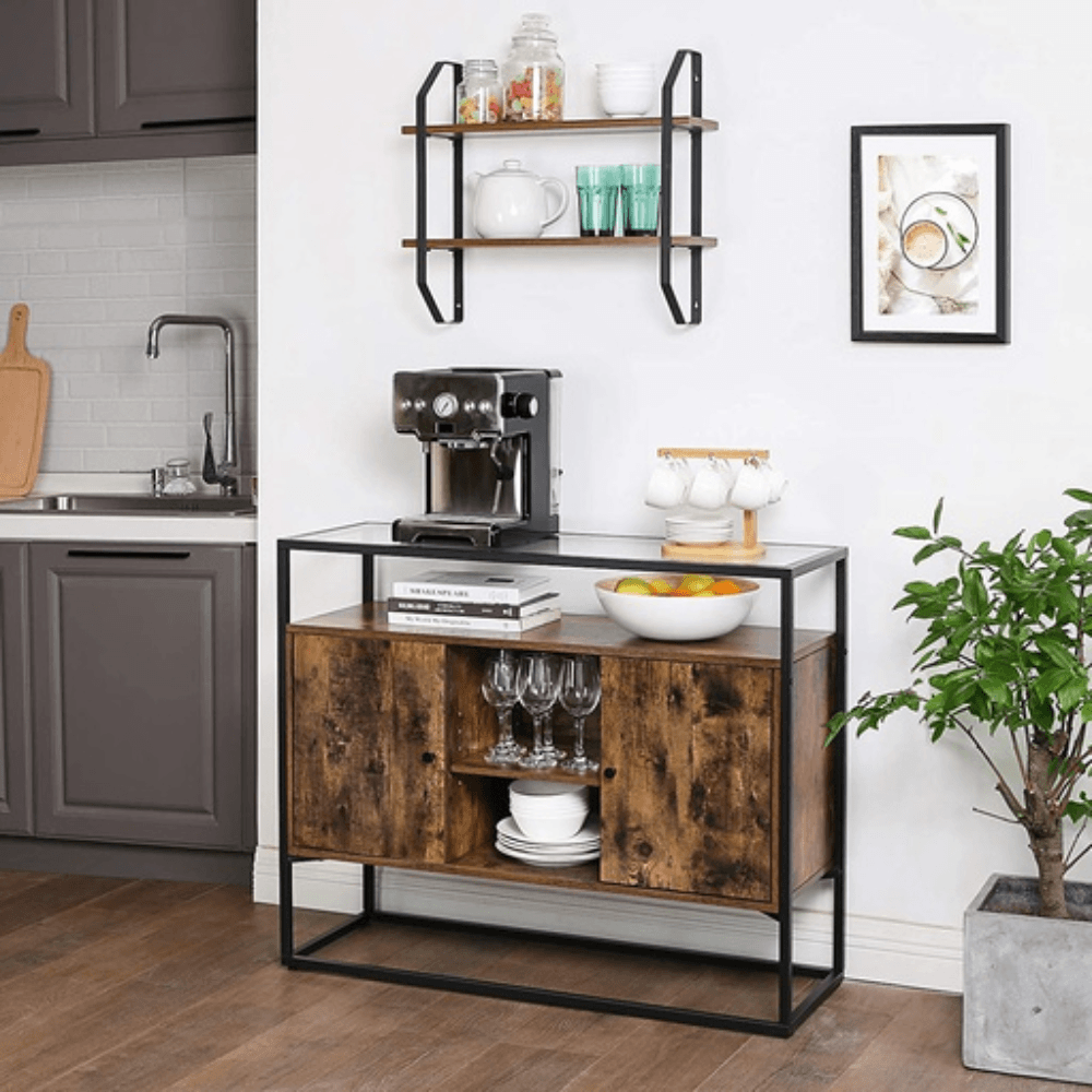 Vasagle Sideboard with Glass Surface and Open Compartments Buffet Unit Rustic Brown/Black & Fast shipping On sale