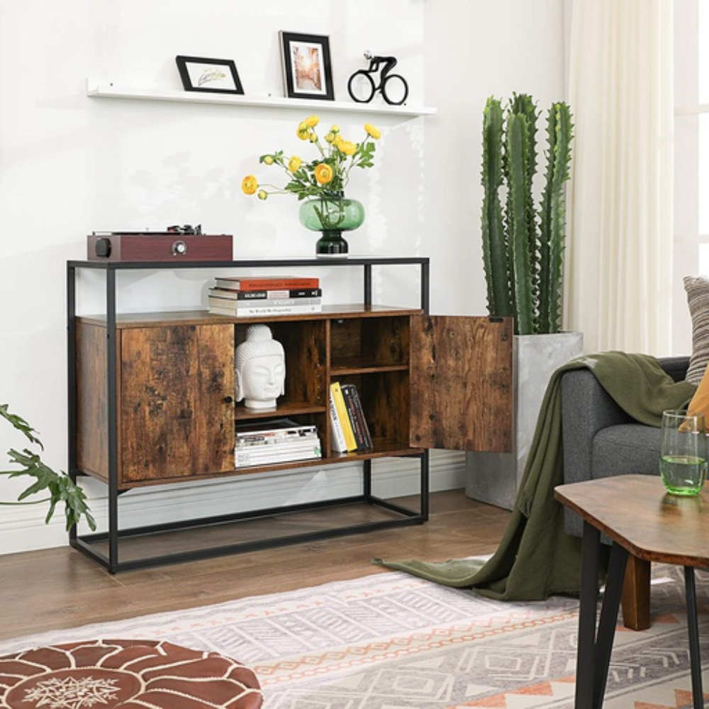 Vasagle Sideboard with Glass Surface and Open Compartments Buffet Unit Rustic Brown/Black & Fast shipping On sale