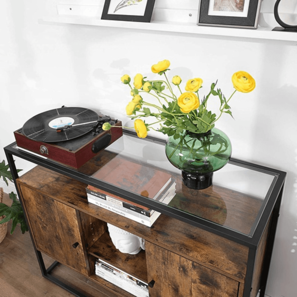 Vasagle Sideboard with Glass Surface and Open Compartments Buffet Unit Rustic Brown/Black & Fast shipping On sale