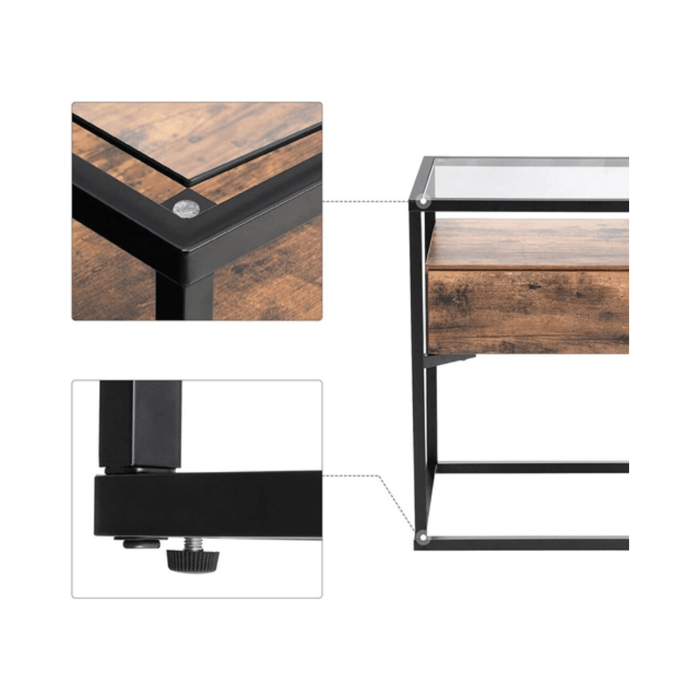 Vasagle Tempered Glass Side End Table with Drawer and Shelf Transparent Rustic Brown/Black Fast shipping On sale