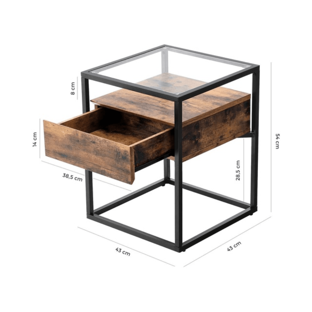 Vasagle Tempered Glass Side End Table with Drawer and Shelf Transparent Rustic Brown/Black Fast shipping On sale
