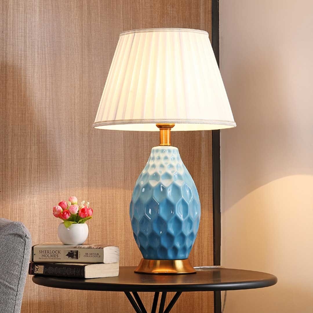 Textured Ceramic Oval Table Lamp with Gold Metal Base Blue Fast shipping On sale