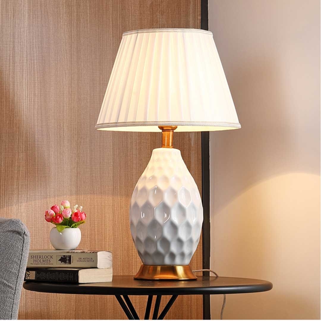 Textured Ceramic Oval Table Lamp with Gold Metal Base White Fast shipping On sale